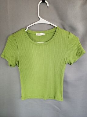 Active Basic Ribbed Short Sleeve Crop Top - Lime Green